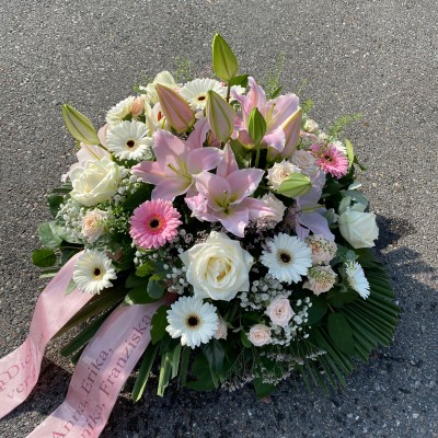 Gesteck mit Rosen, Germini, Lilien